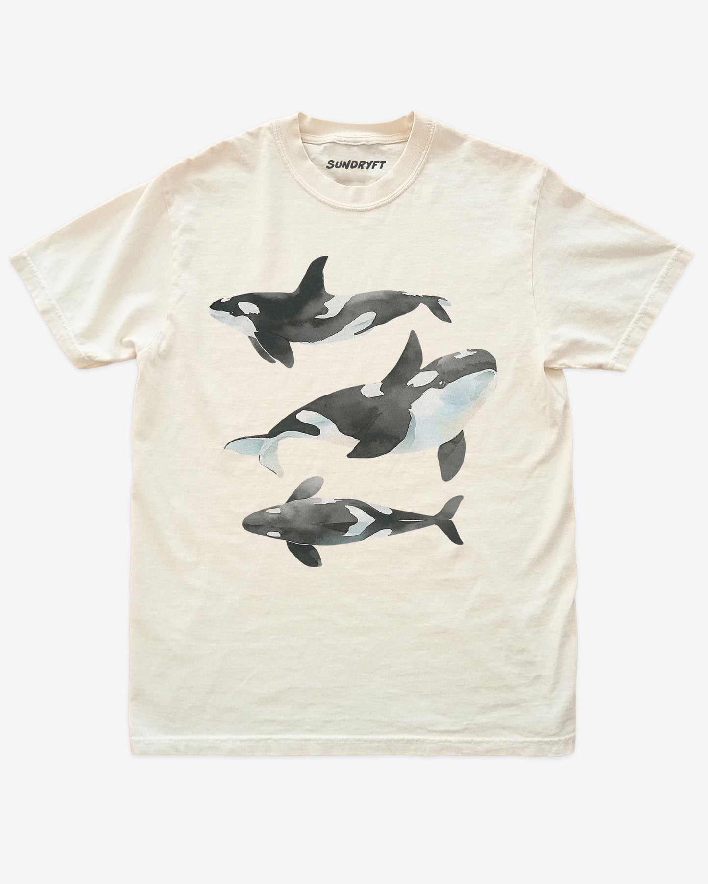 Ivory color shirt with retro watercolor trio of orcas graphic