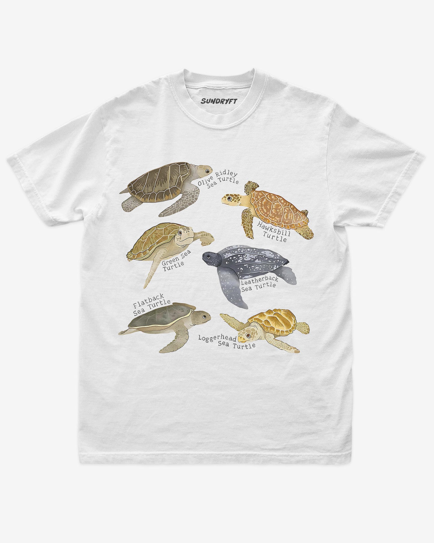 White shirt with illustrated sea turtle collage and official species names