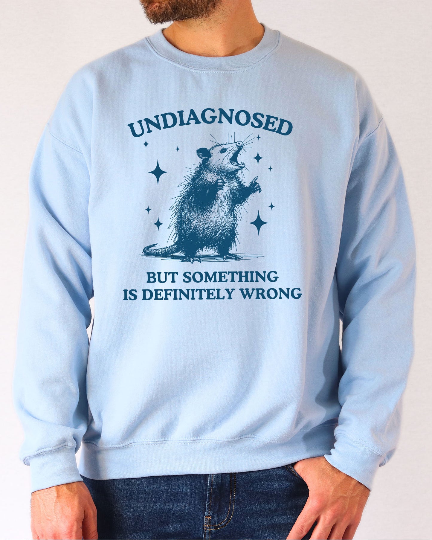 Model wearing light blue color sweatshirt with 'Undiagnosed, But Something Is Definitely Wrong' graphic design