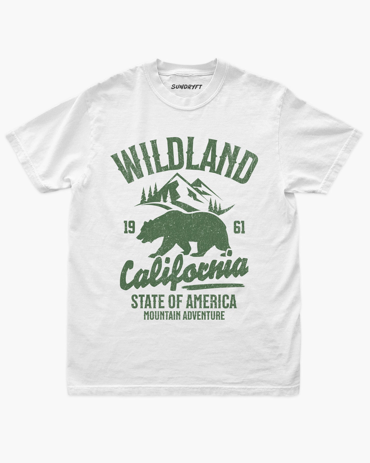 Wildland California shirt in white with retro distressed bear and mountains graphic
