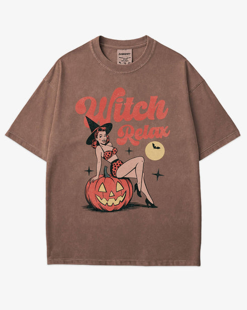 Flat lay espresso color 'Witch Relax' shirt with funny retro Halloween witch graphic.