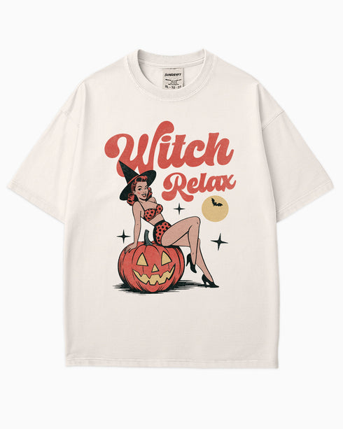 Flat lay ivory color 'Witch Relax' shirt with funny retro Halloween witch graphic.