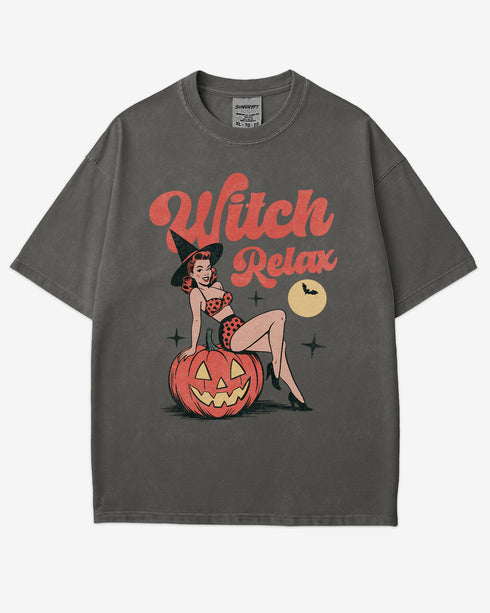Flat lay pepper color 'Witch Relax' shirt with funny retro Halloween witch graphic.