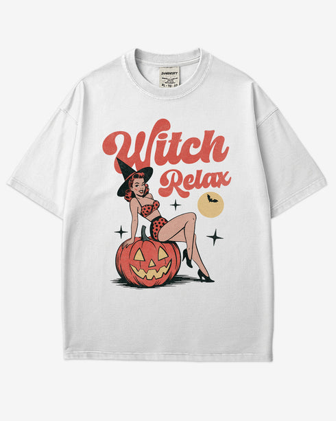 Flat lay white color 'Witch Relax' shirt with funny retro Halloween witch graphic.