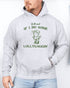 Man wearing an ash gray hoodie featuring a funny retro country frog graphic and the quote 'Y'all Mind If I Do Some Lollygaggin''.