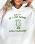 Close-up of a white hoodie featuring a funny retro country frog graphic and the quote 'Y'all Mind If I Do Some Lollygaggin''.