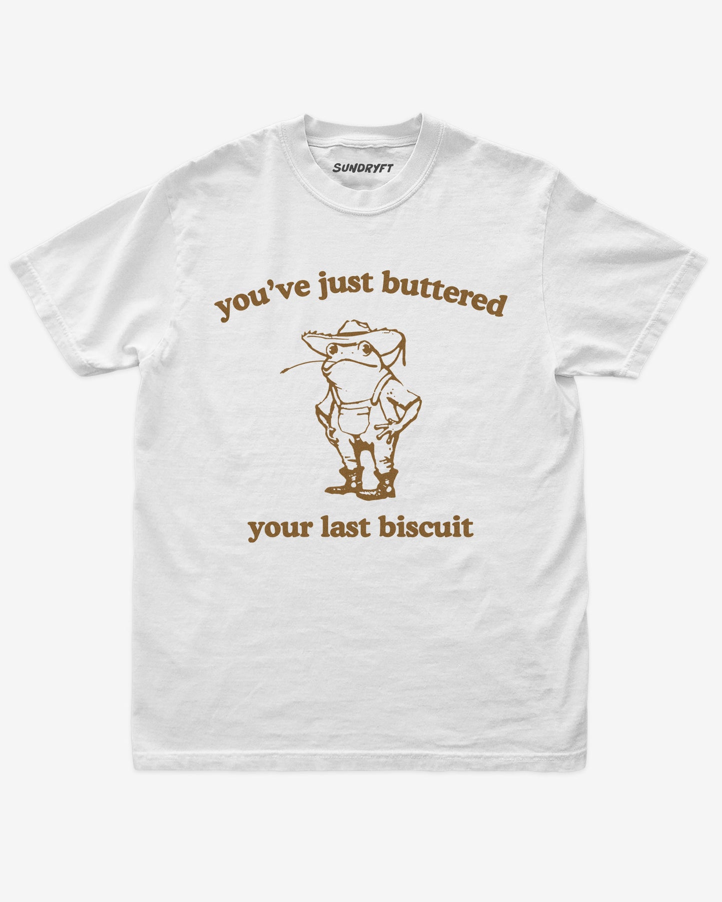 You've Just Buttered Your Last Biscuit shirt in white with funny retro cowboy frog graphic