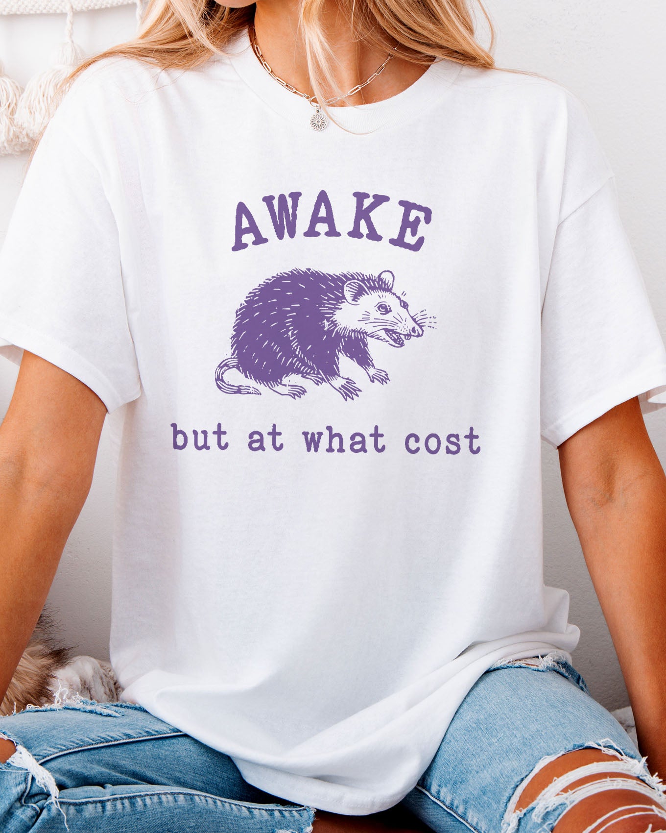Awake But At What Cost Shirt in white color with a funny opossum graphic