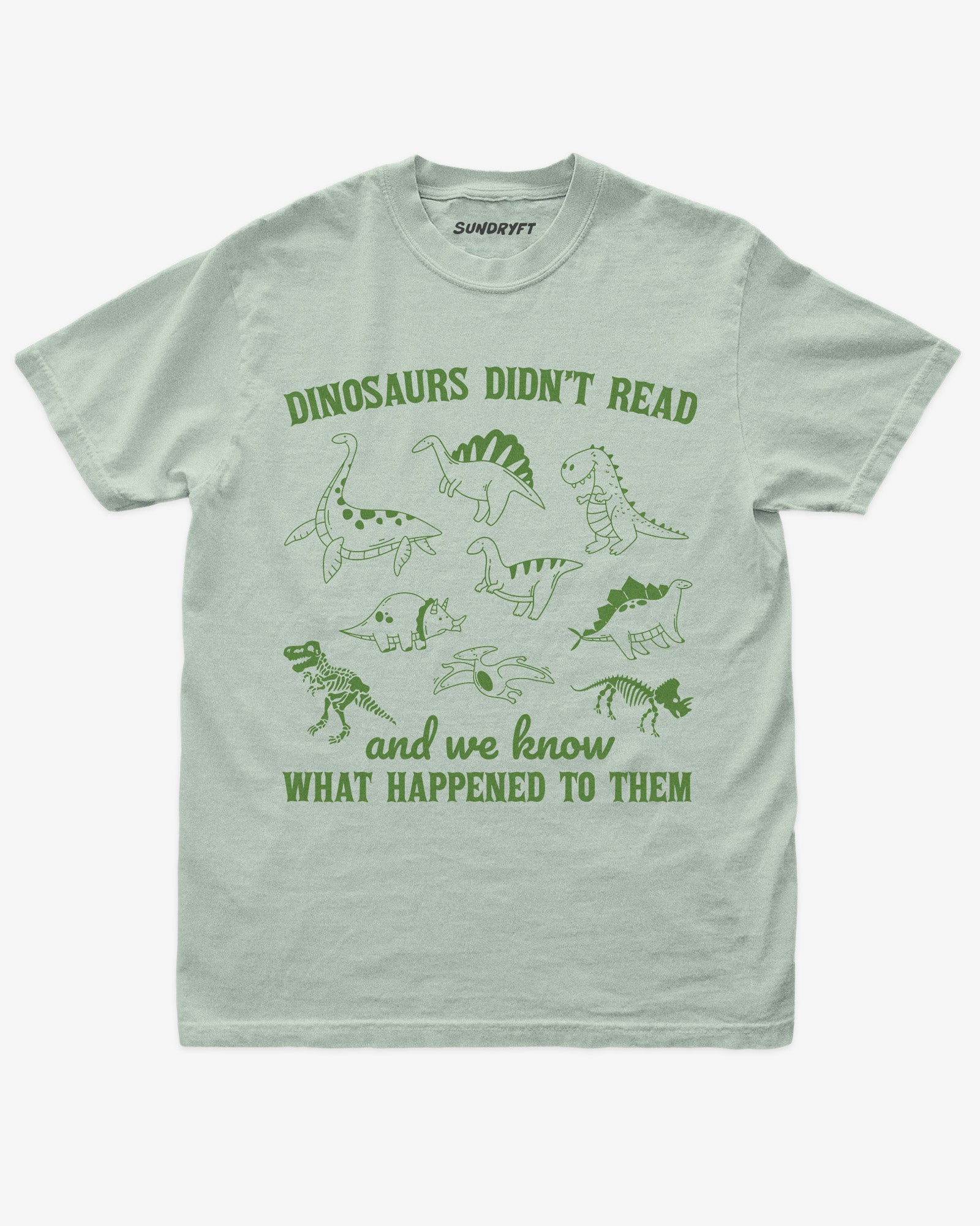Dinosaurs Didn't Read And We Know What Happened shirt in bay with dinosaur collage doodle graphic