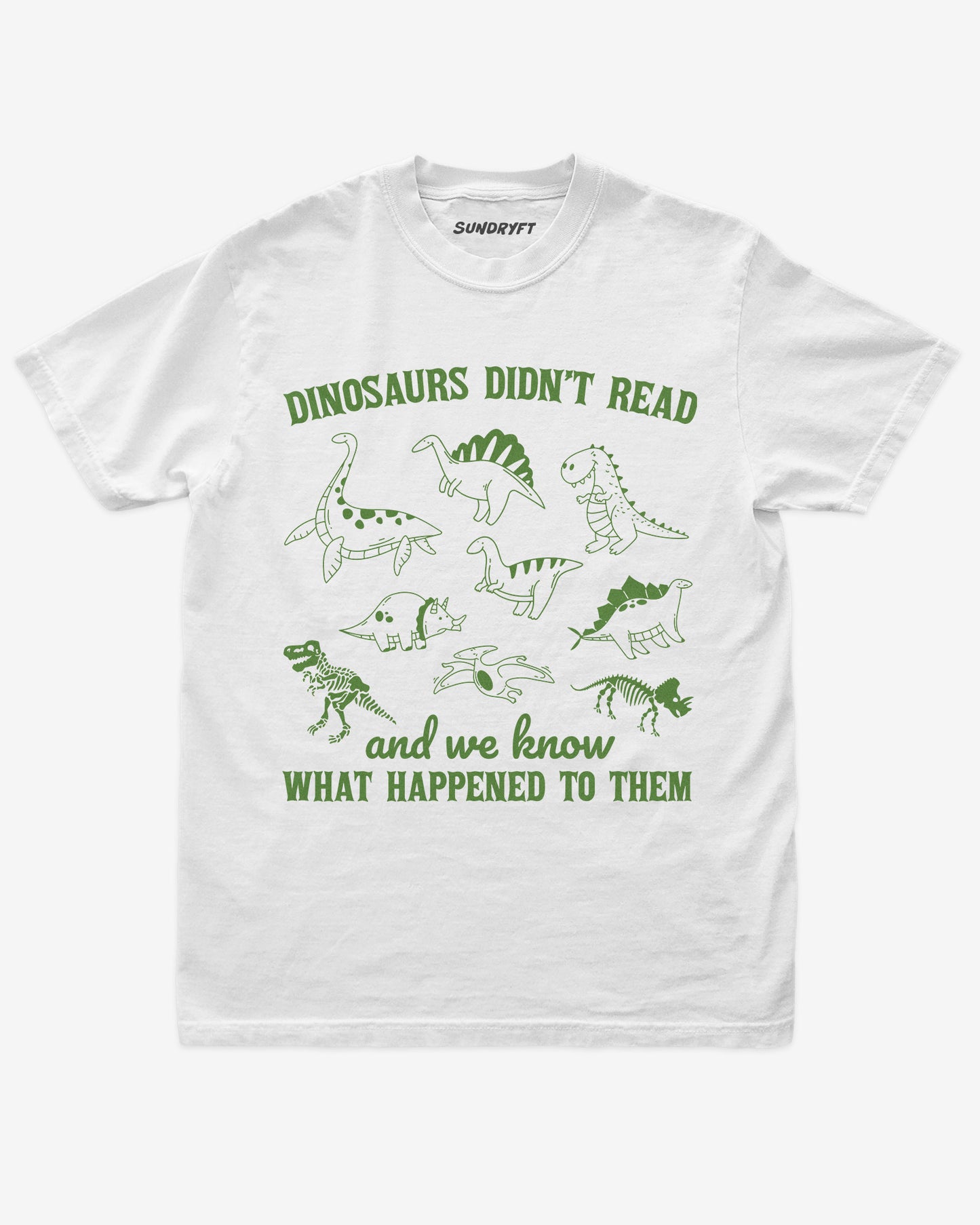 Dinosaurs Didn't Read And We Know What Happened shirt in white with dinosaur collage doodle graphic