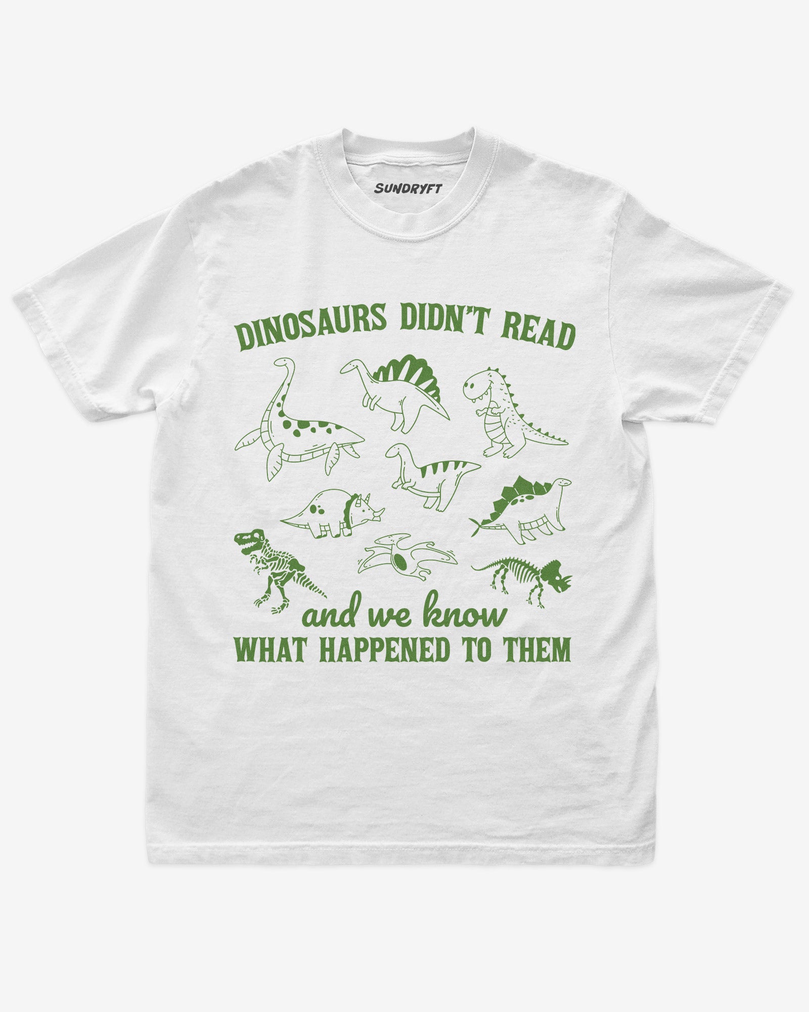 Dinosaurs Didn't Read And We Know What Happened shirt in white with dinosaur collage doodle graphic