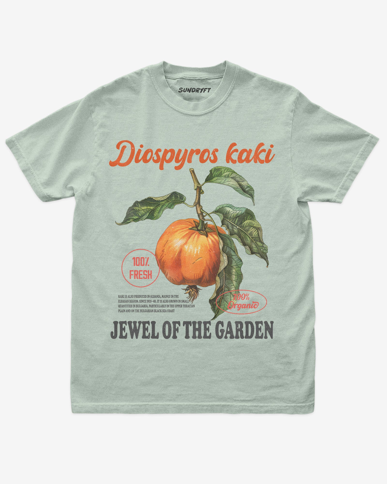 Diospyros Kaki Fruit Shirt flat lay in bay – retro 90s vintage graphic tee with relaxed unisex fit and garden fruit label design.