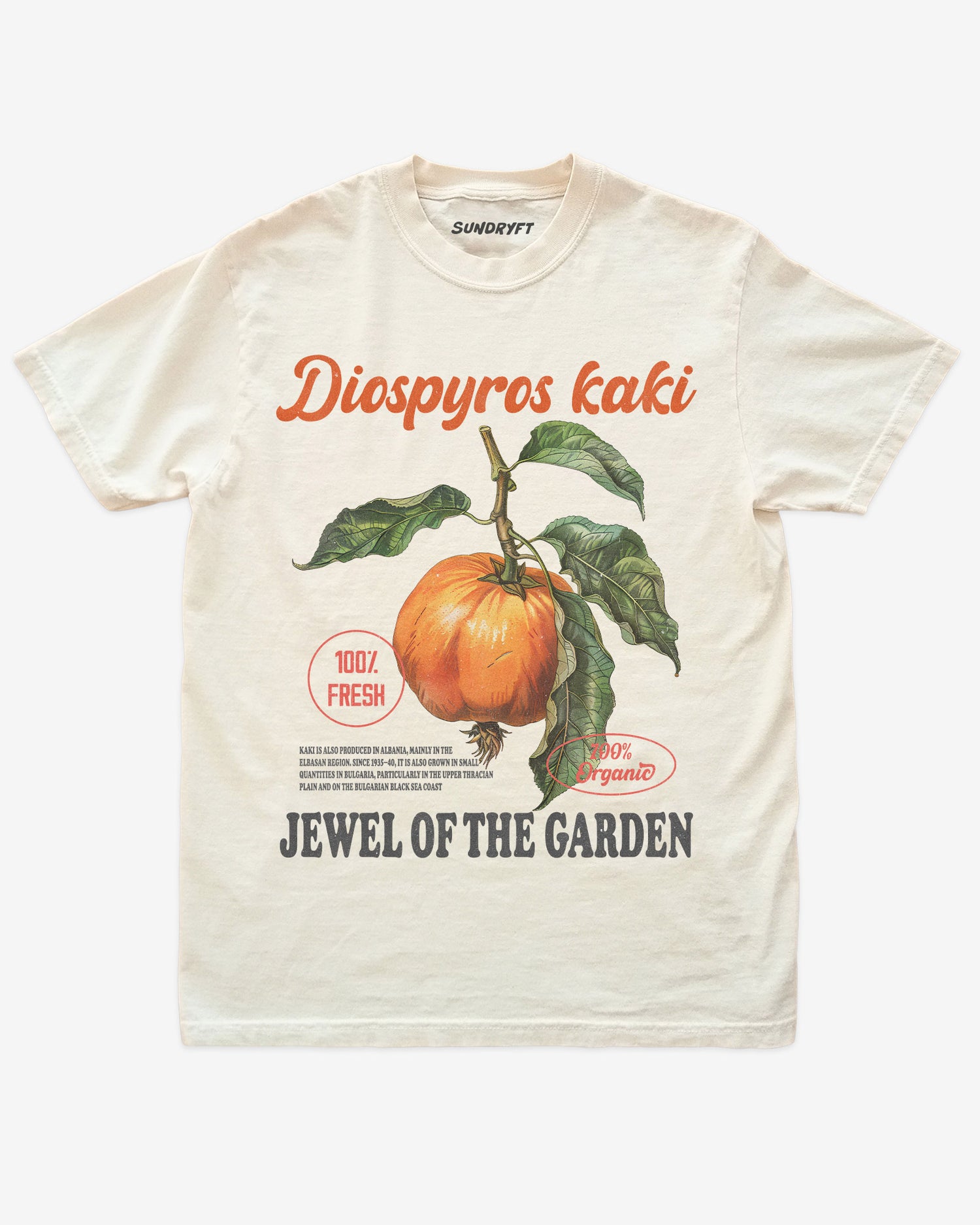 Diospyros Kaki Fruit Shirt flat lay in ivory – retro 90s vintage graphic tee with relaxed unisex fit and garden fruit label design.