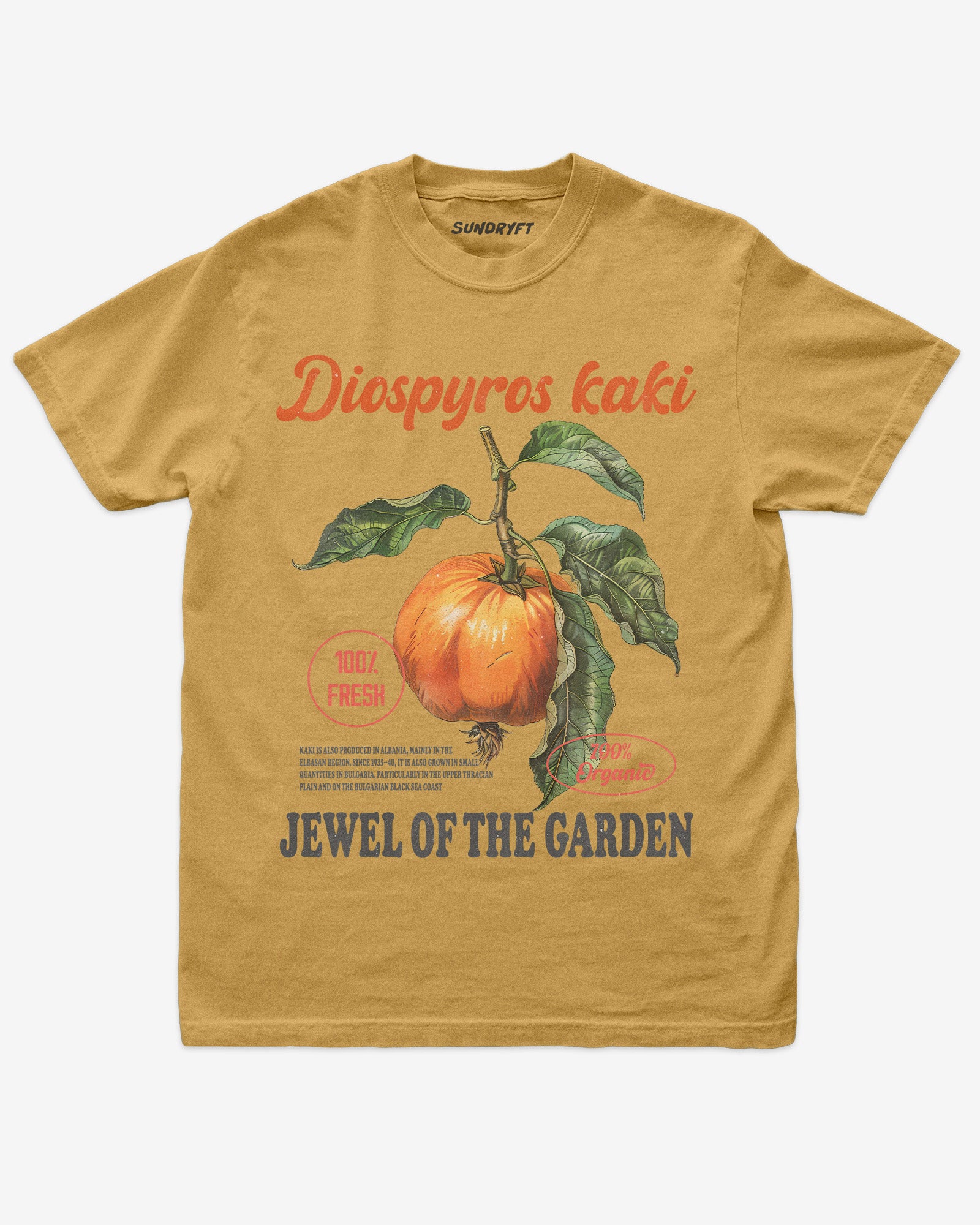 Diospyros Kaki Fruit Shirt flat lay in mustard – retro 90s vintage graphic tee with relaxed unisex fit and garden fruit label design.