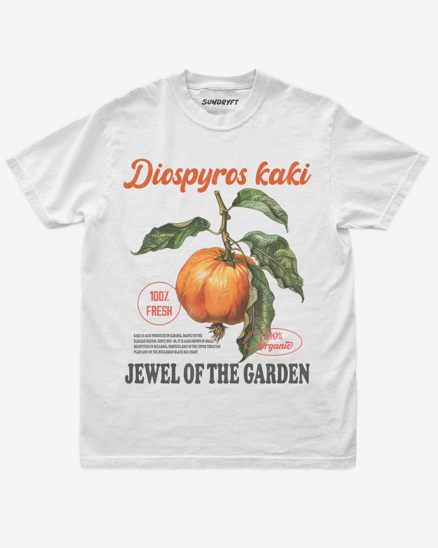 Diospyros Kaki Fruit Shirt flat lay in white – retro 90s vintage graphic tee with relaxed unisex fit and garden fruit label design.