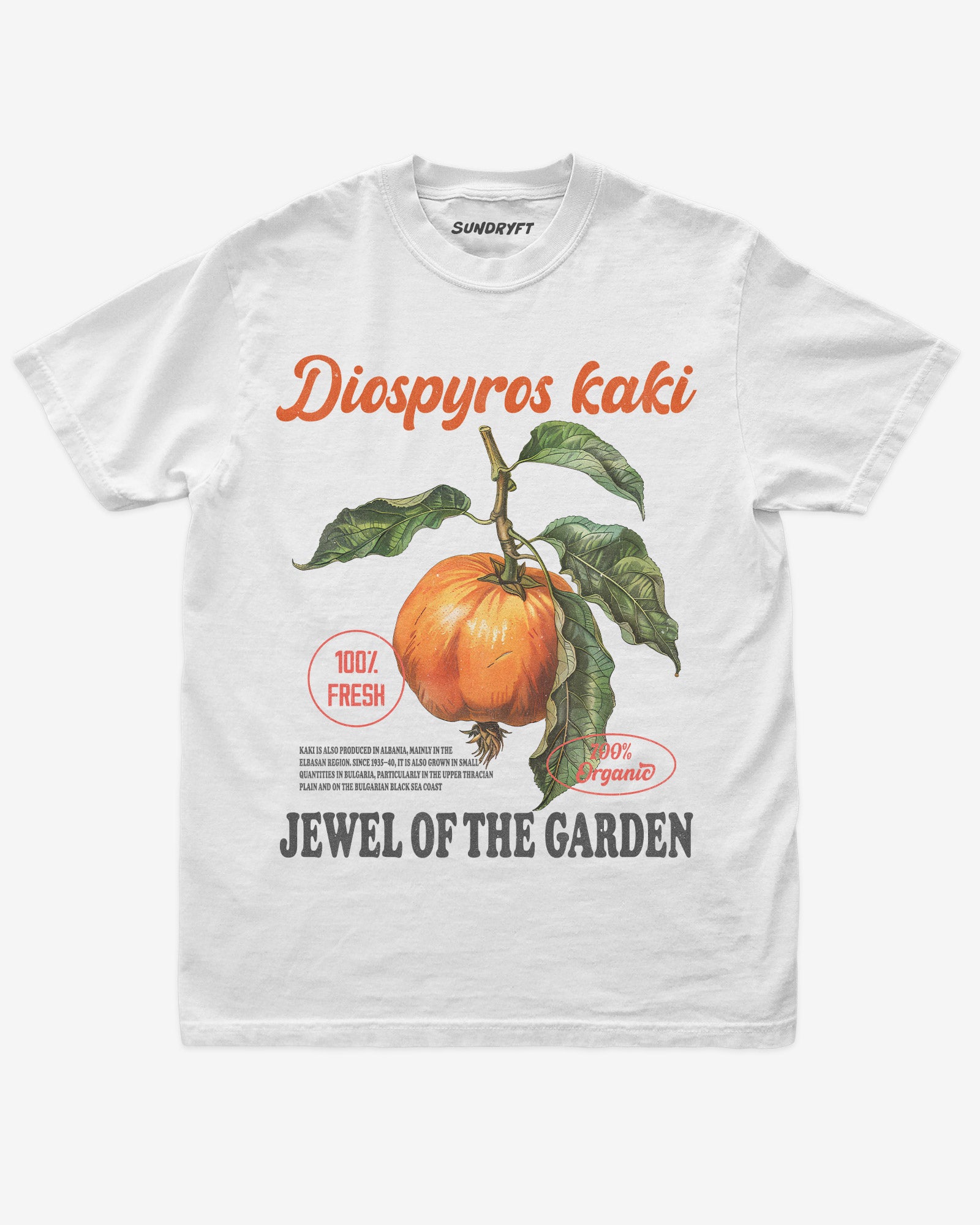Diospyros Kaki Fruit Shirt flat lay in white – retro 90s vintage graphic tee with relaxed unisex fit and garden fruit label design.
