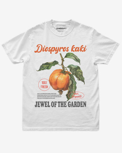 Diospyros Kaki Fruit Shirt flat lay in white – retro 90s vintage graphic tee with relaxed unisex fit and garden fruit label design.