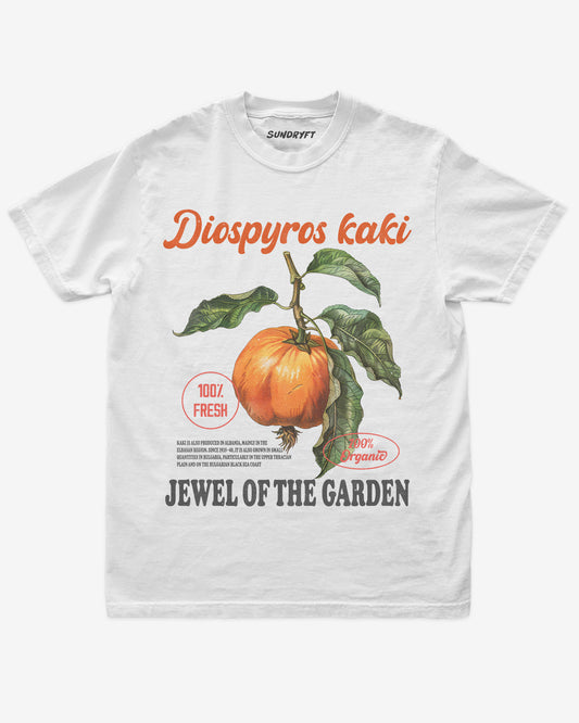 Diospyros Kaki Fruit Shirt flat lay in white – retro 90s vintage graphic tee with relaxed unisex fit and garden fruit label design.