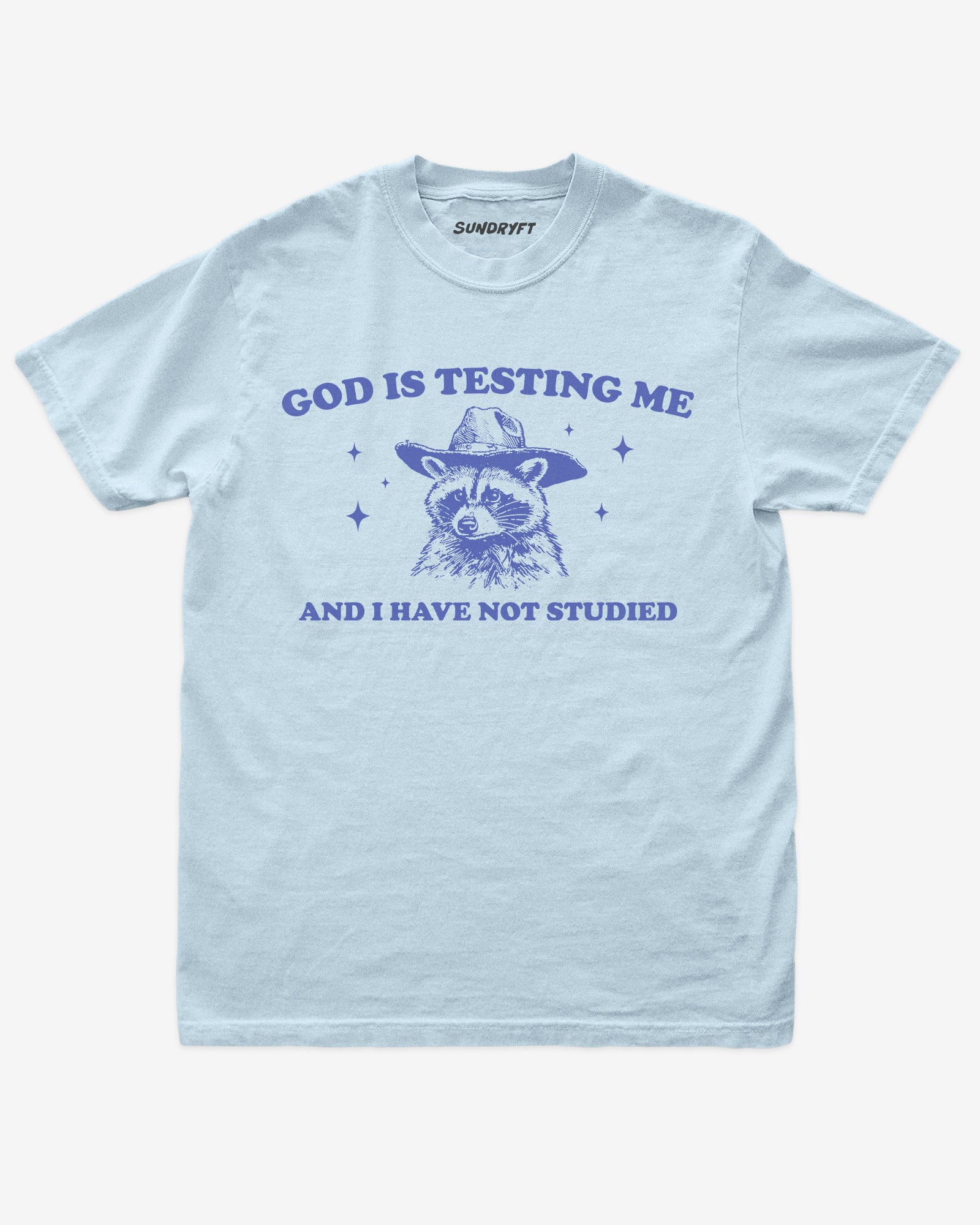 God Is Testing Me And I Have Not Studied shirt in chambray with cowboy raccon graphic