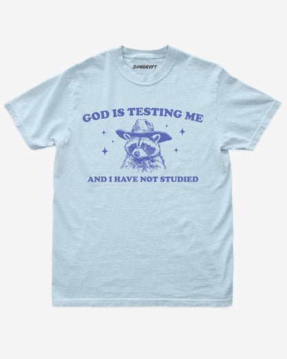 God Is Testing Me And I Have Not Studied shirt in chambray with cowboy raccon graphic