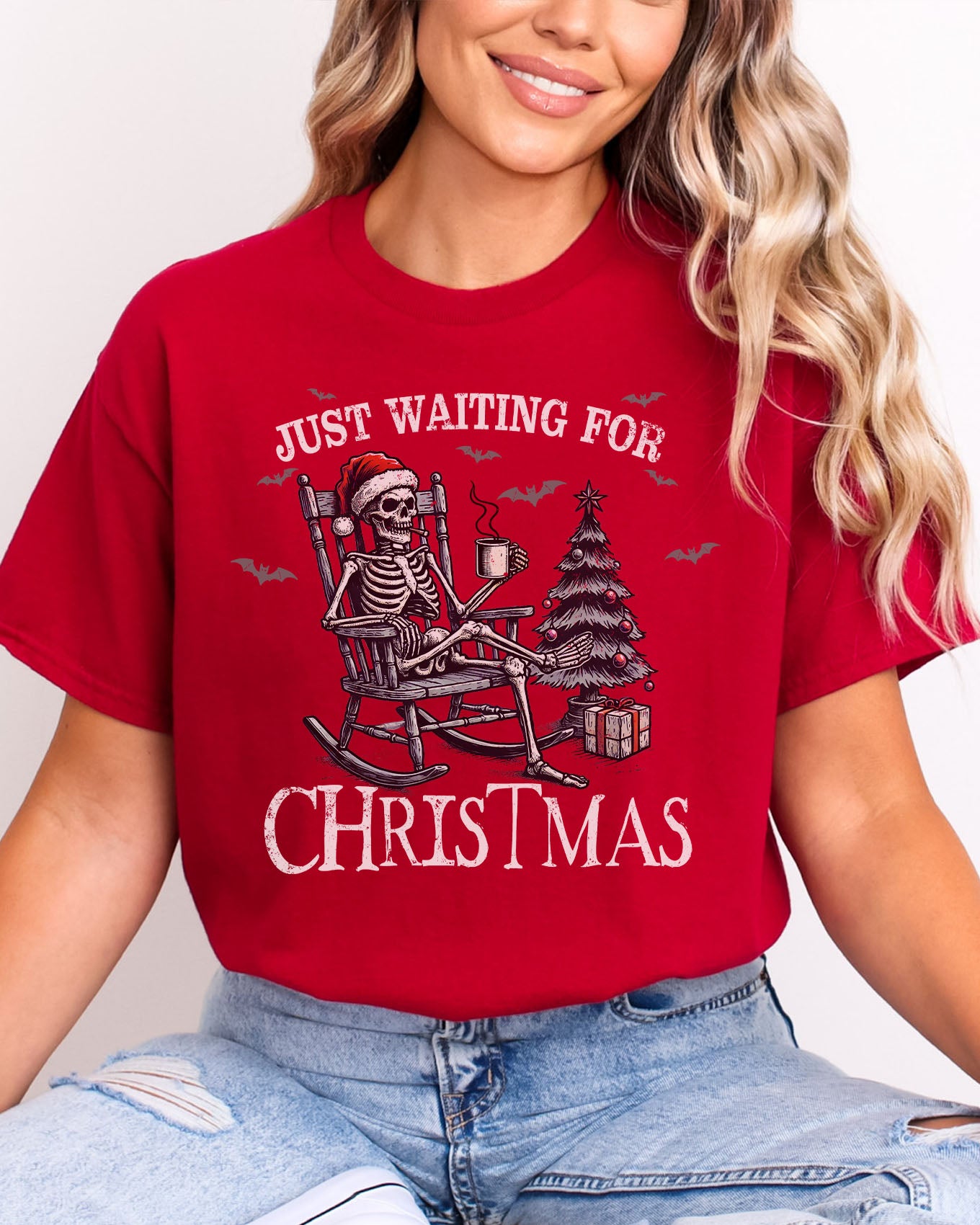 Just Waiting For Christmas shirt in cardinal red color