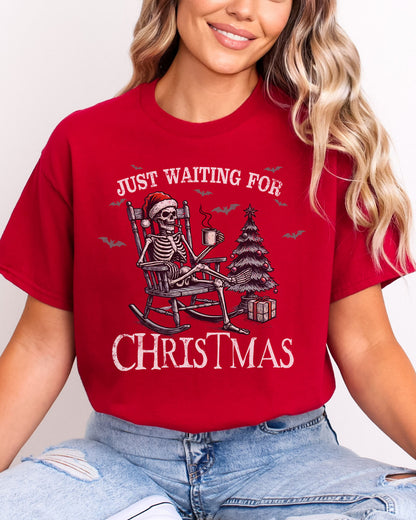 Just Waiting For Christmas shirt in cardinal red color