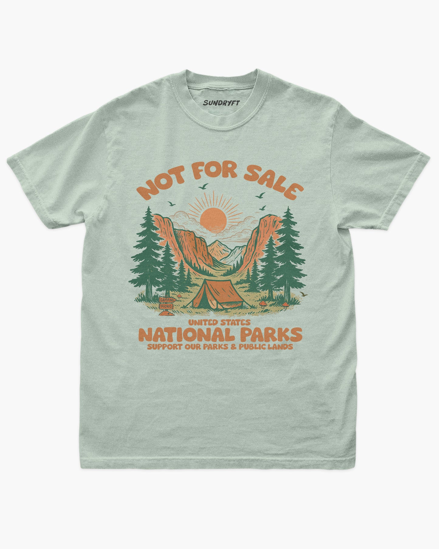 Not For Sale: US National Parks shirt in bay with graphic of a campsite in nature