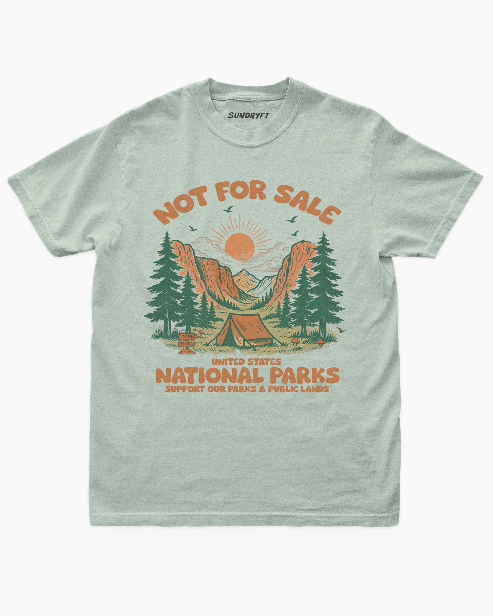 Not For Sale: US National Parks shirt in bay with graphic of a campsite in nature