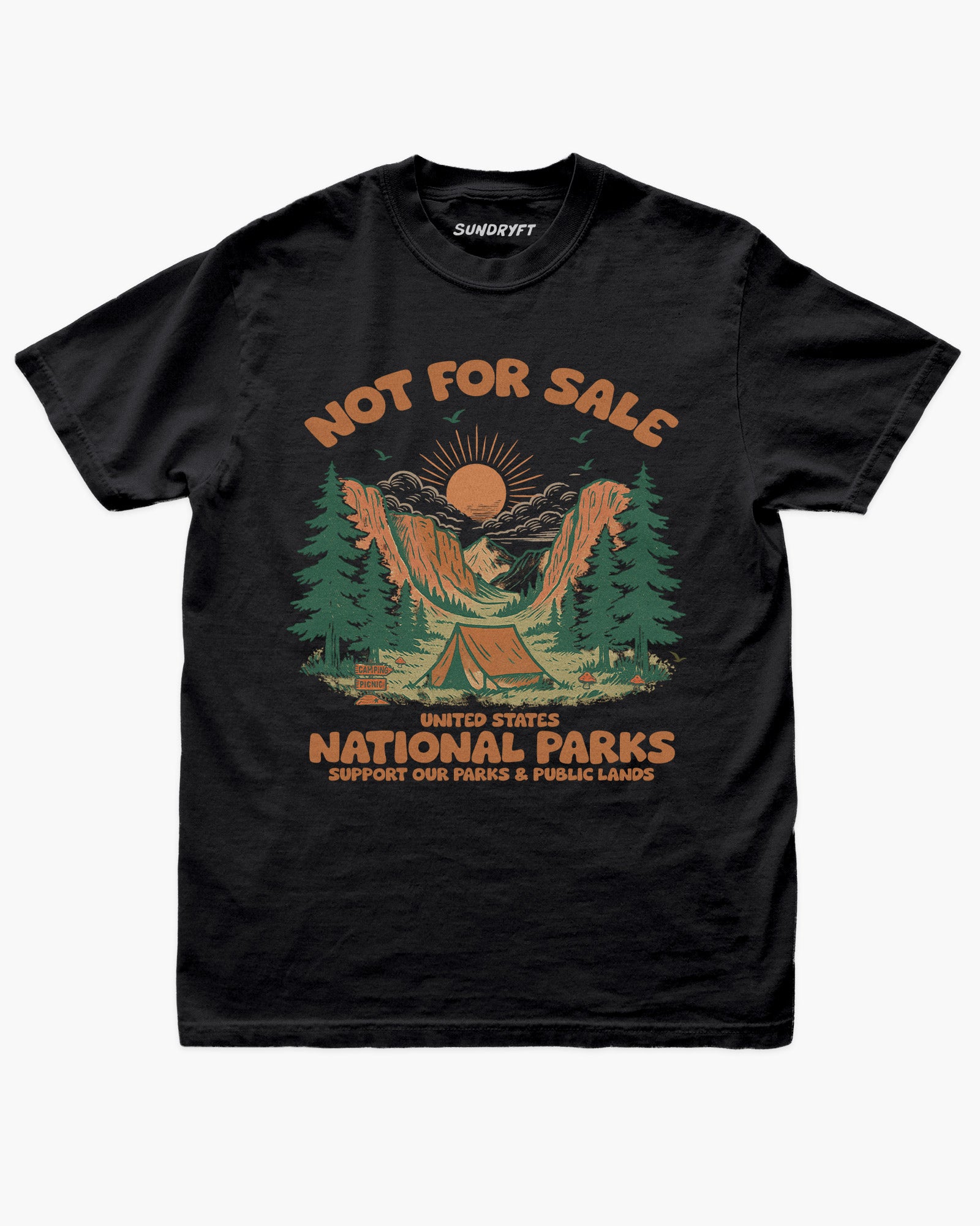 Not For Sale: US National Parks shirt in black with graphic of a campsite in nature