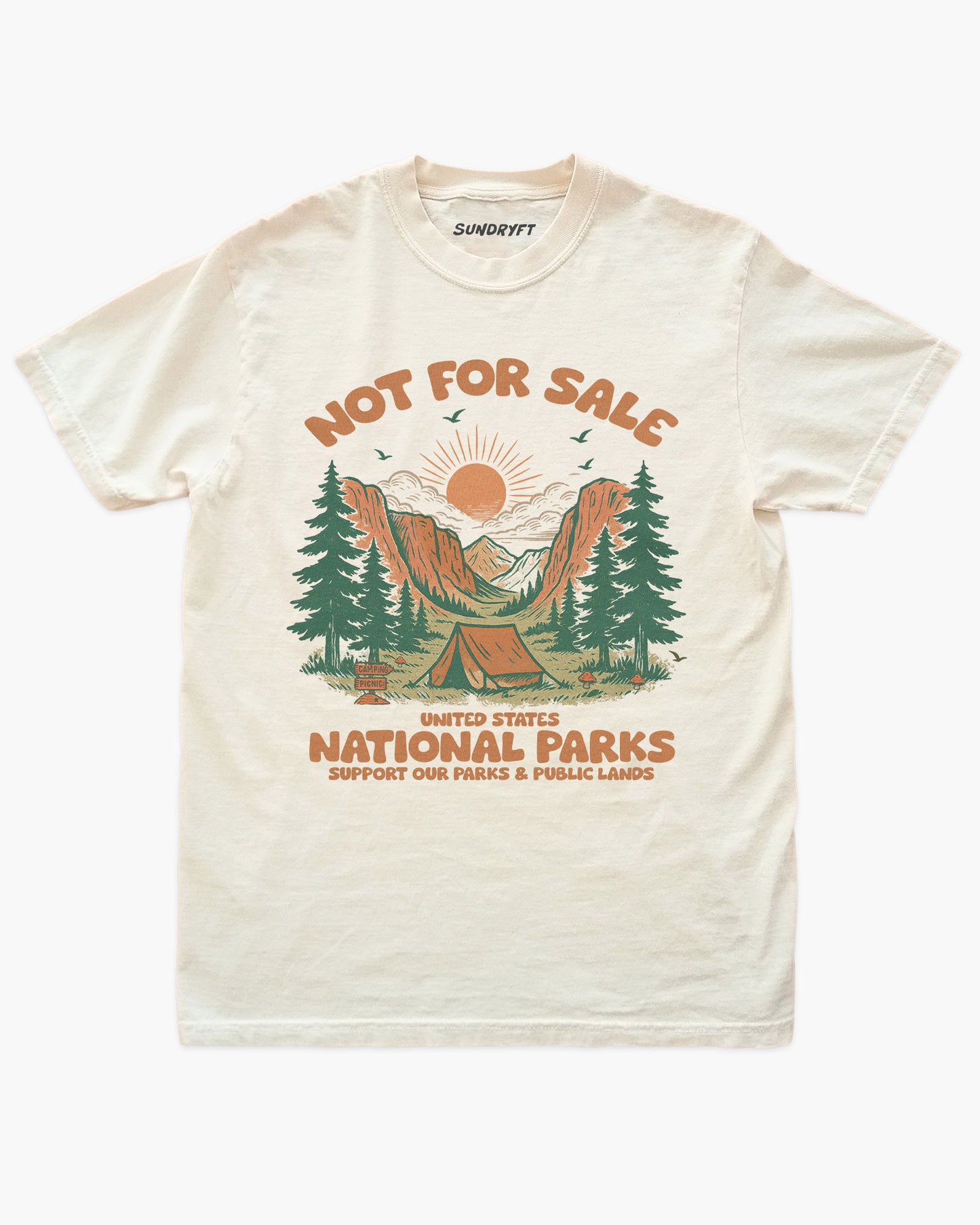 Not For Sale: US National Parks shirt in ivory with graphic of a campsite in nature