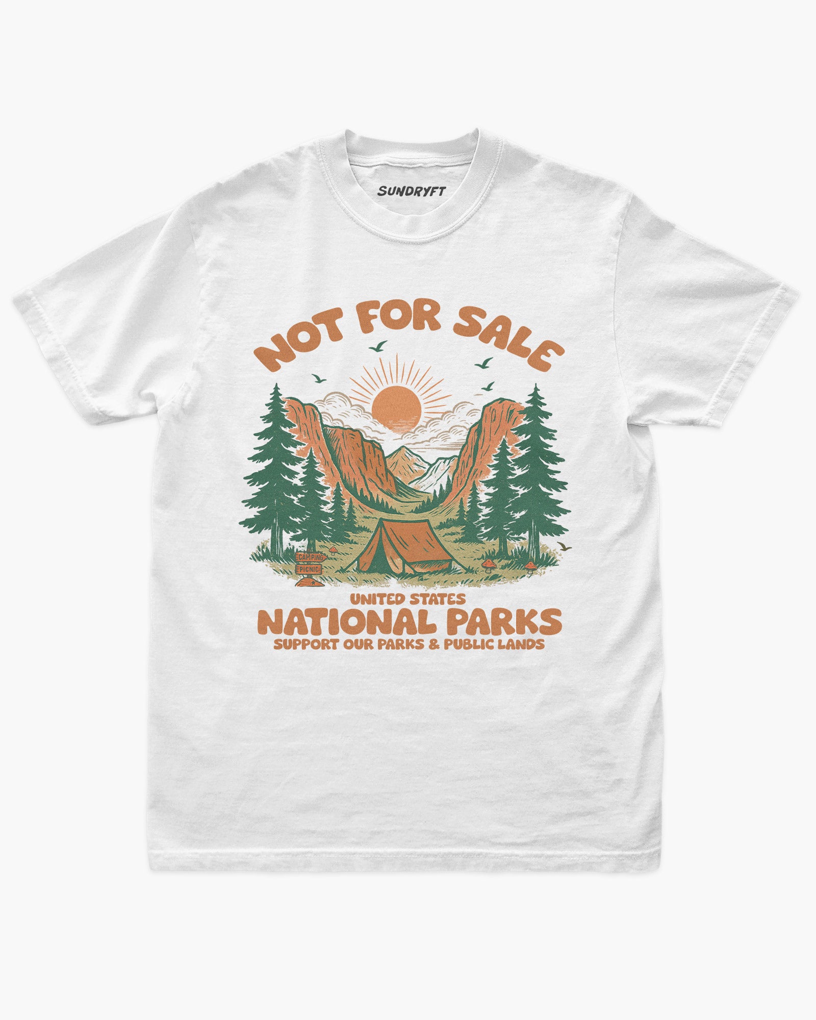 Not For Sale: US National Parks shirt in white with graphic of a campsite in nature