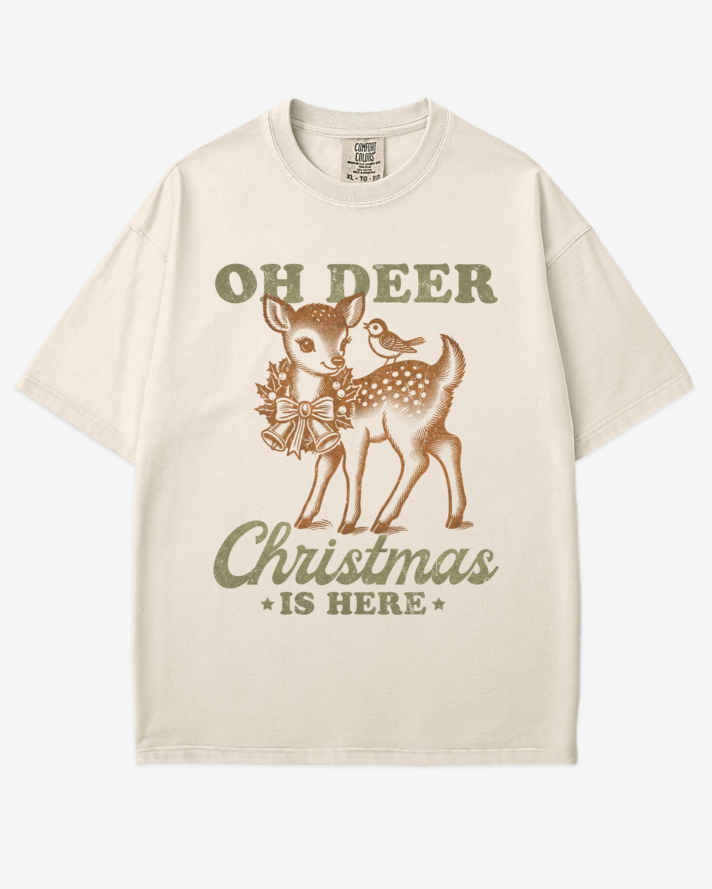 Oh Deer Christmas Is Here shirt in ivory with retro graphic of a little reindeer