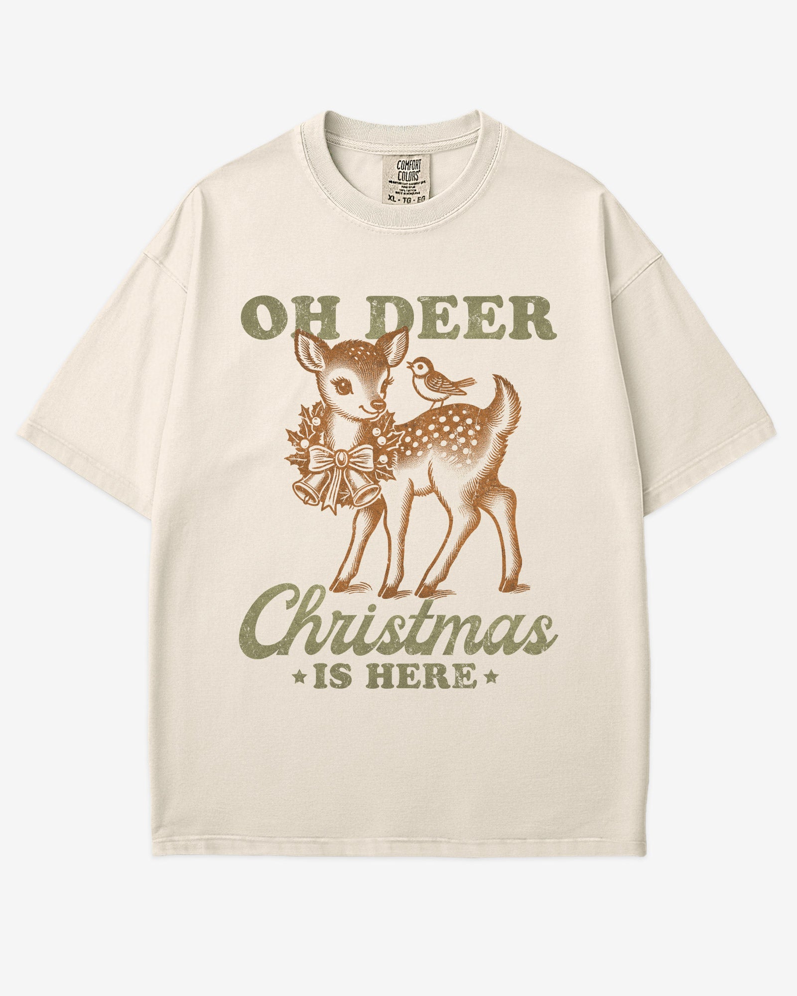 Oh Deer Christmas Is Here shirt in ivory with retro graphic of a little reindeer