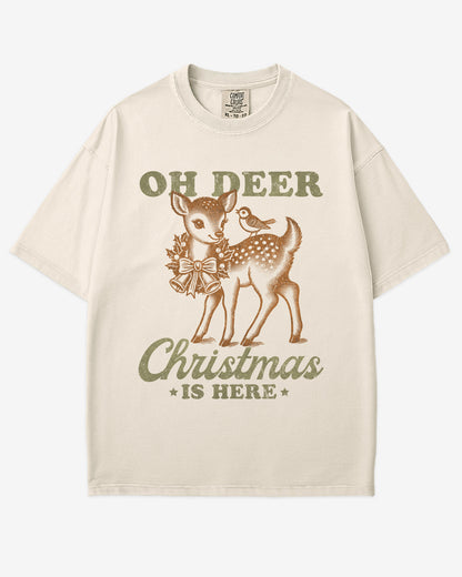 Oh Deer Christmas Is Here shirt in ivory with retro graphic of a little reindeer