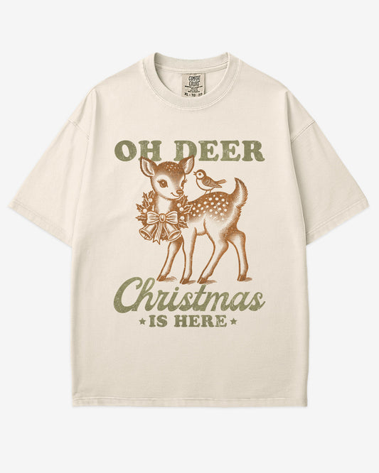 Oh Deer Christmas Is Here shirt in ivory with retro graphic of a little reindeer