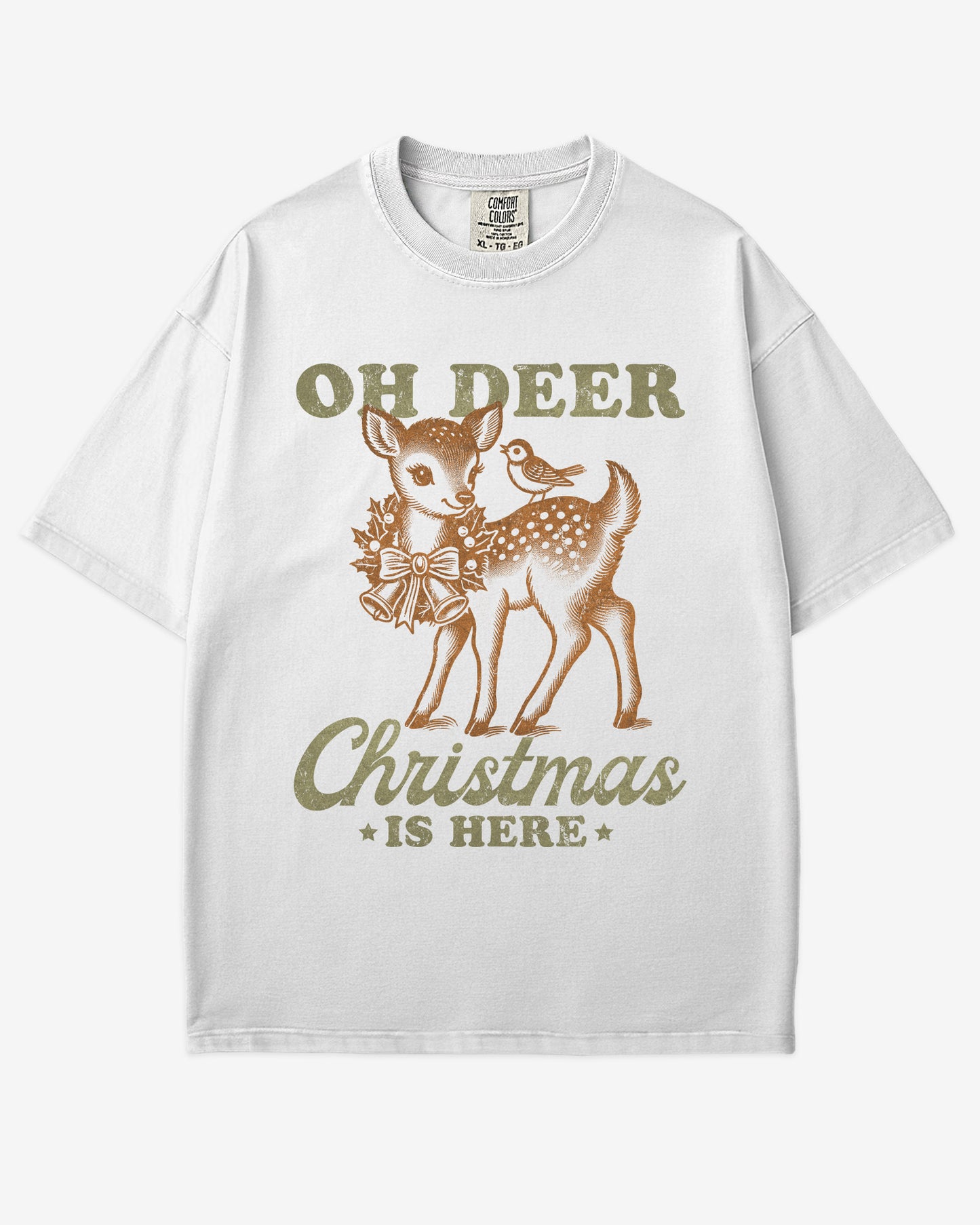 Oh Deer Christmas Is Here shirt in white with retro graphic of a little reindeer