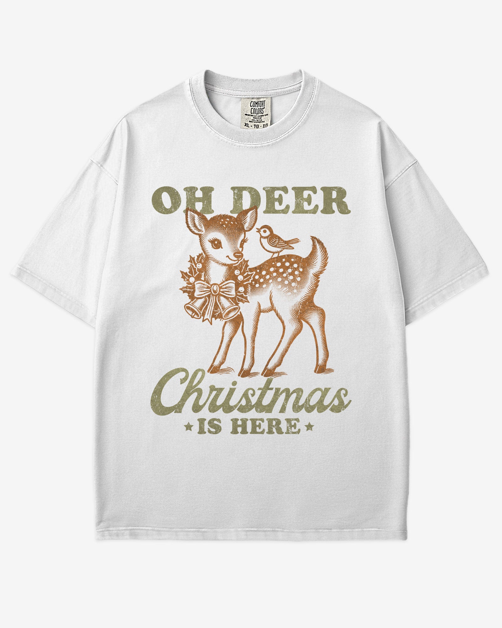 Oh Deer Christmas Is Here shirt in white with retro graphic of a little reindeer