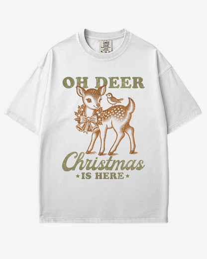 Oh Deer Christmas Is Here shirt in white with retro graphic of a little reindeer