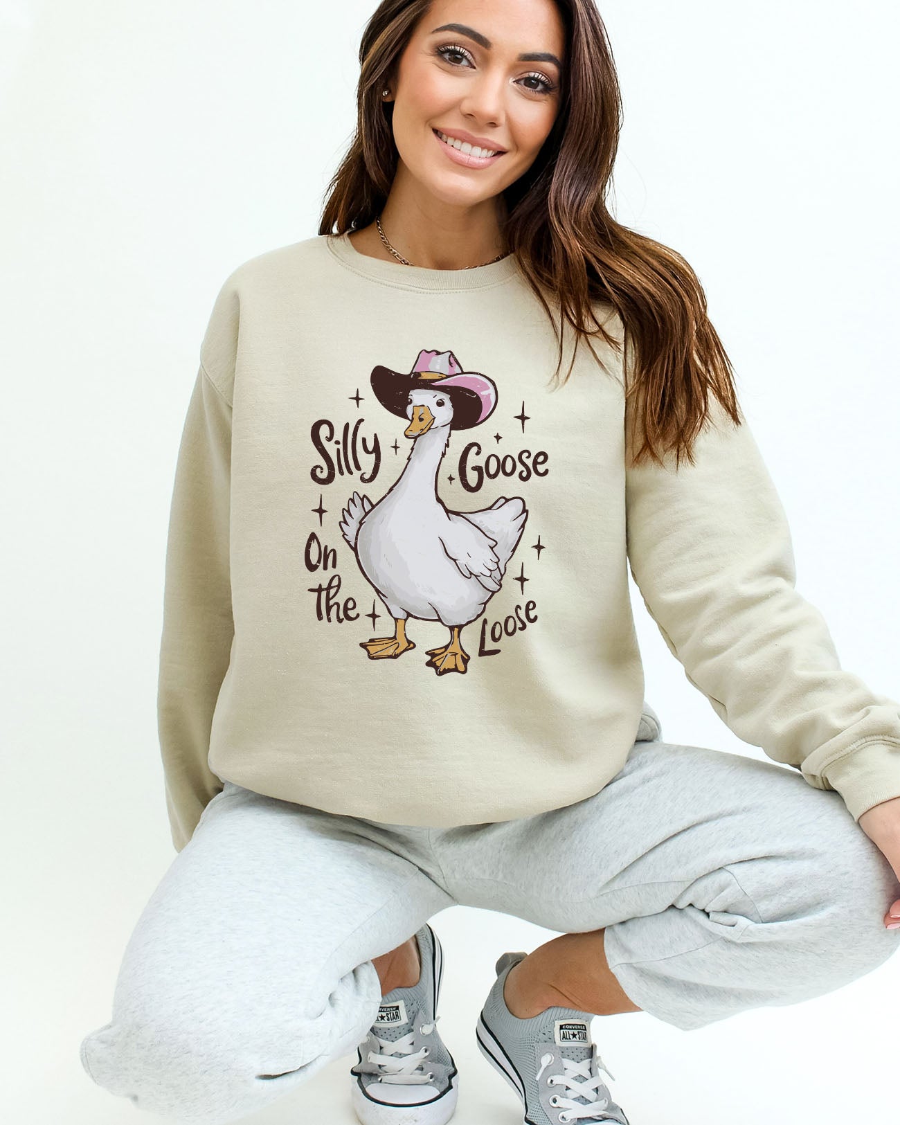 Silly Goose On The Loose Sweatshirt in sand color