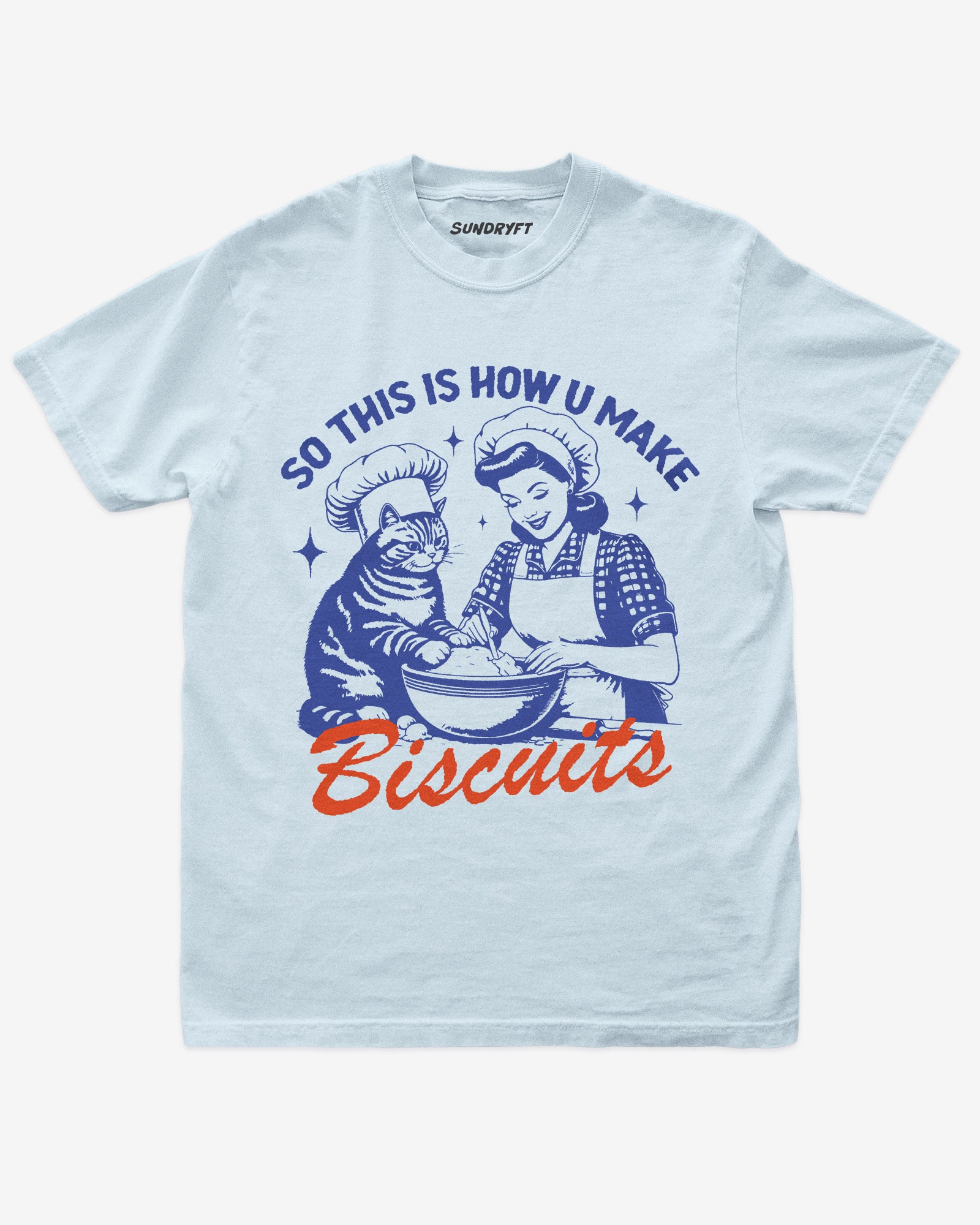 So This Is How You Make Biscuits shirt in chambray with funny retro graphic of cat and woman making biscuits together