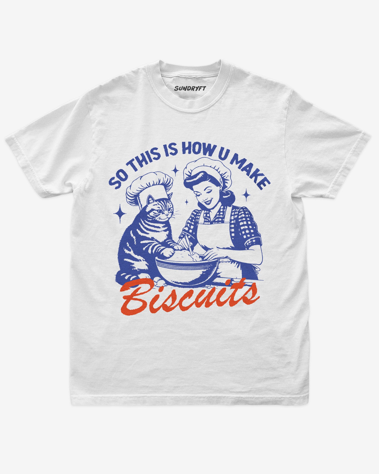 So This Is How You Make Biscuits shirt in white with funny retro graphic of cat and woman making biscuits together