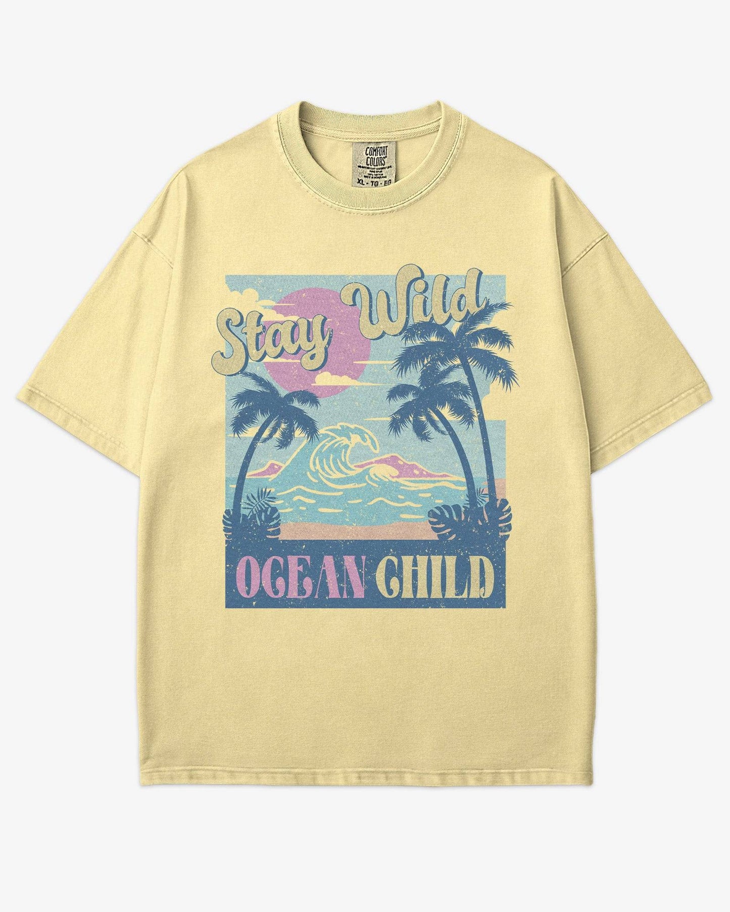 Stay Wild Ocean Child shirt in butter with retro beach and waves graphic