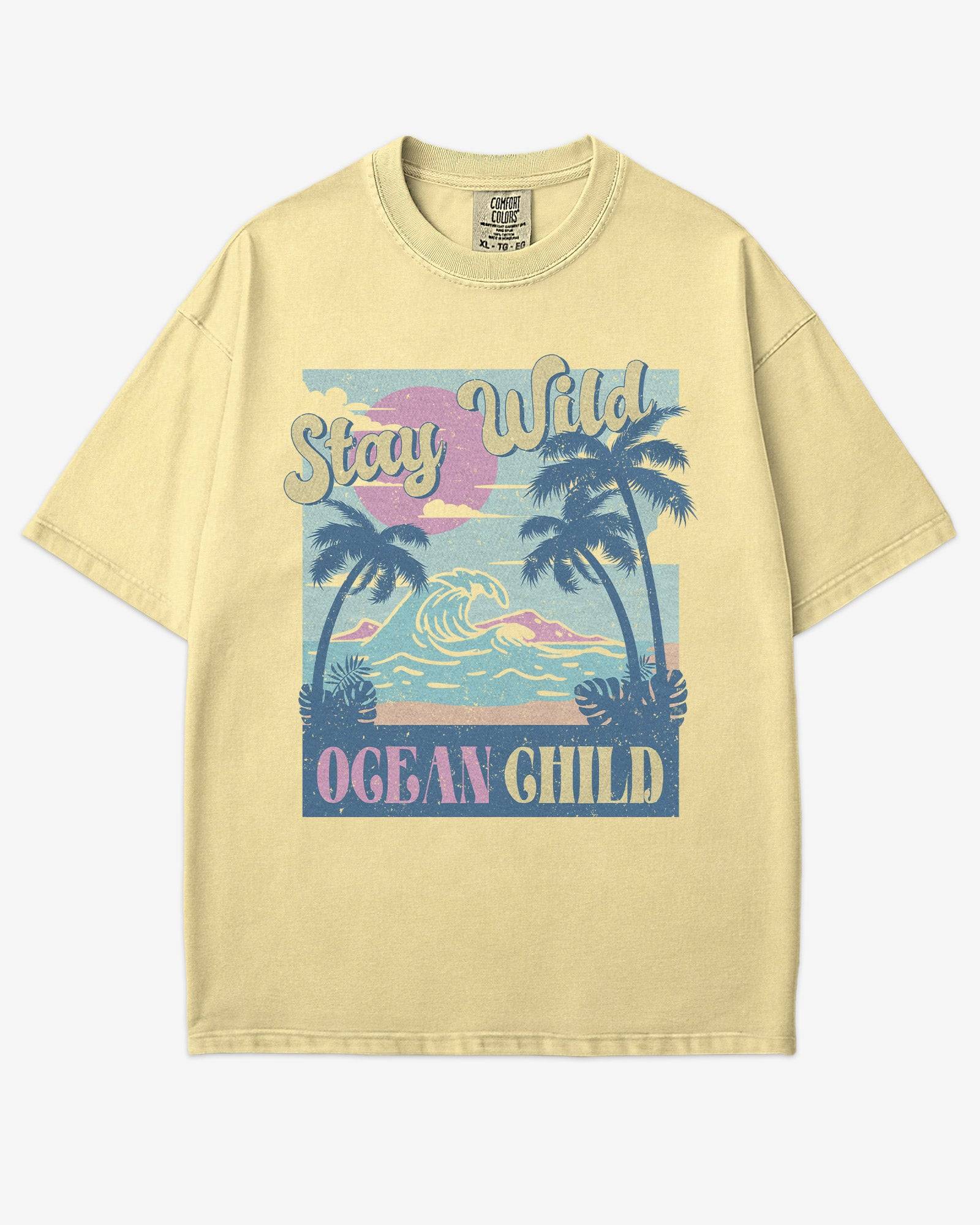 Stay Wild Ocean Child shirt in butter with retro beach and waves graphic