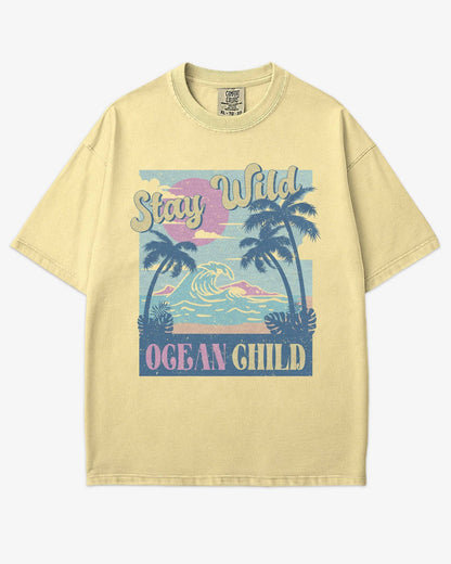 Stay Wild Ocean Child shirt in butter with retro beach and waves graphic