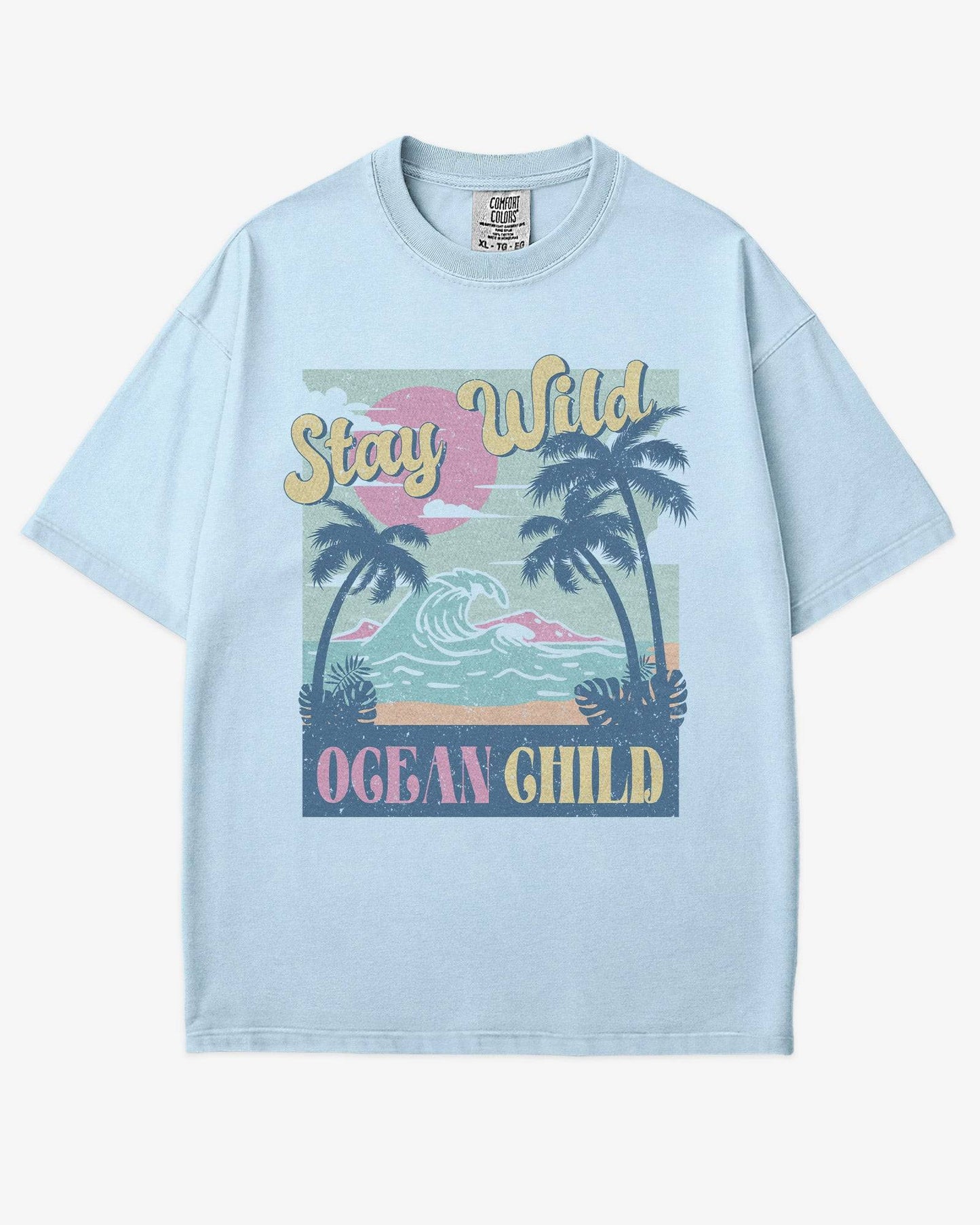 Stay Wild Ocean Child shirt in chambray with retro beach and waves graphic