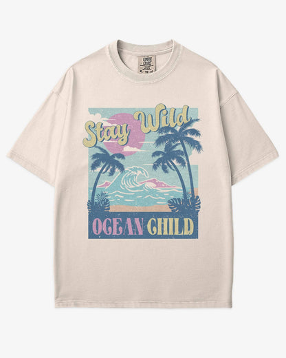 Stay Wild Ocean Child shirt in ivory with retro beach and waves graphic
