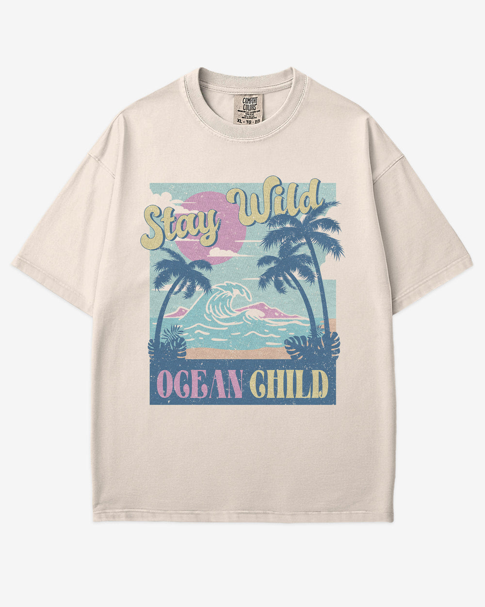 Stay Wild Ocean Child shirt in ivory with retro beach and waves graphic