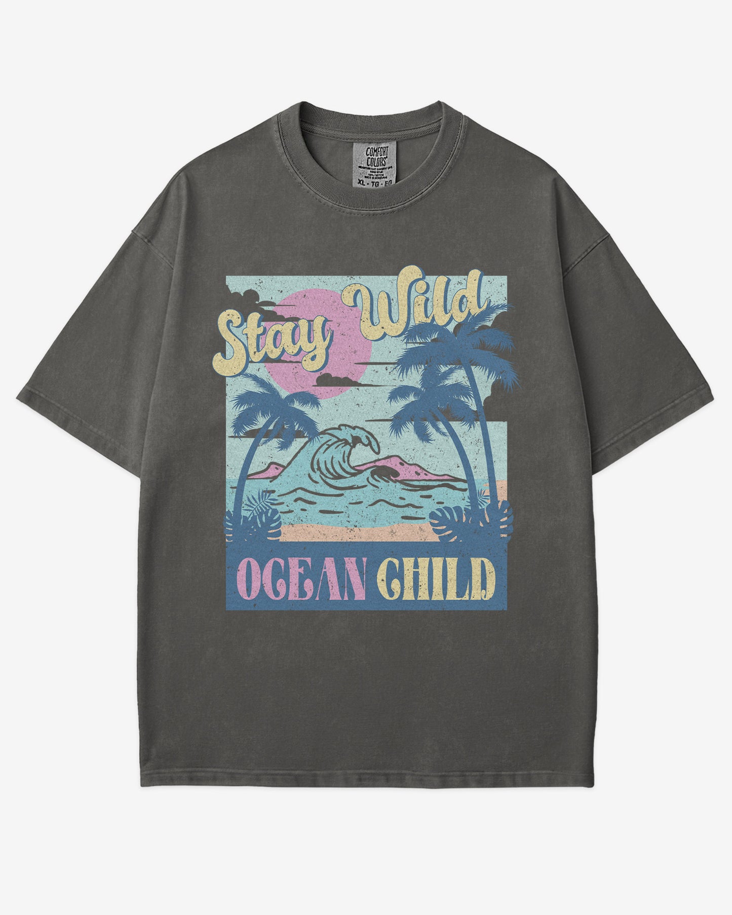 Stay Wild Ocean Child shirt in pepper with retro beach and waves graphic