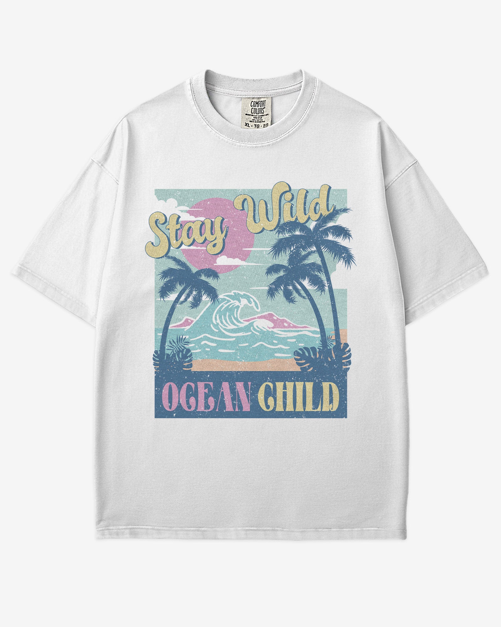 Stay Wild Ocean Child shirt in white with retro beach and waves graphic