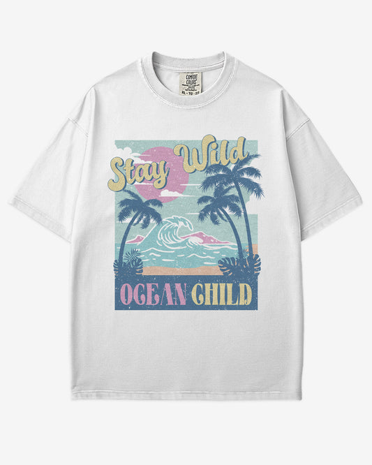 Stay Wild Ocean Child shirt in white with retro beach and waves graphic